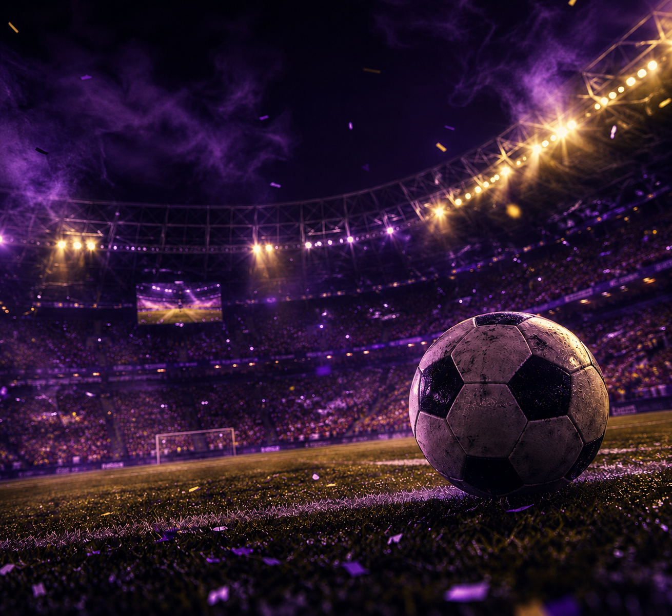 Aerial view of an illuminated football stadium at night during a live match, fans filling every stand