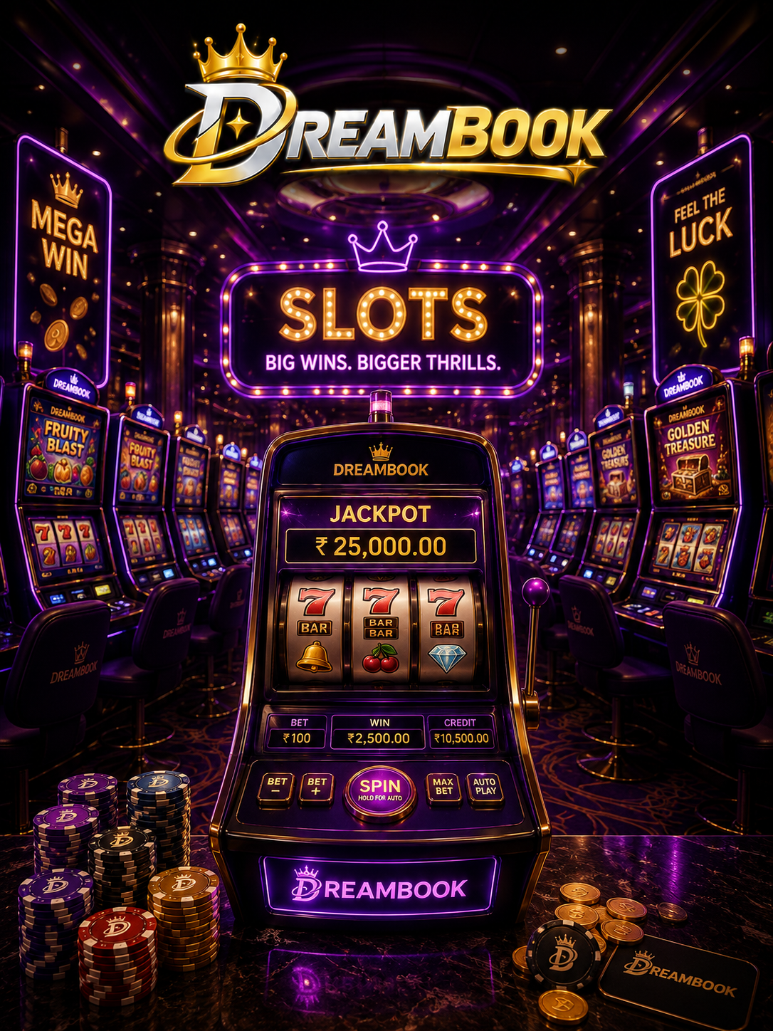 Row of illuminated slot machines on a casino floor