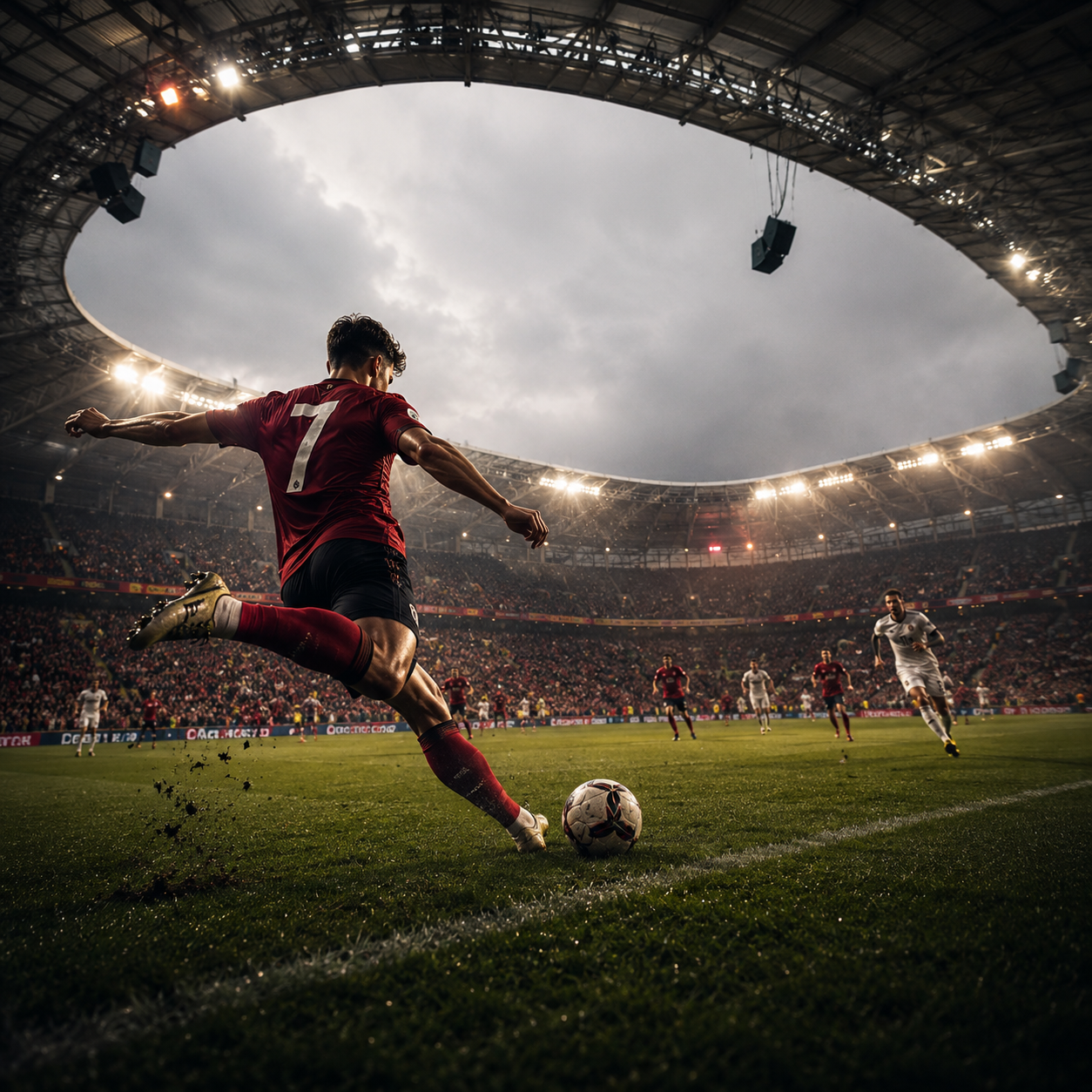 Illuminated soccer stadium packed with fans under bright floodlights at night